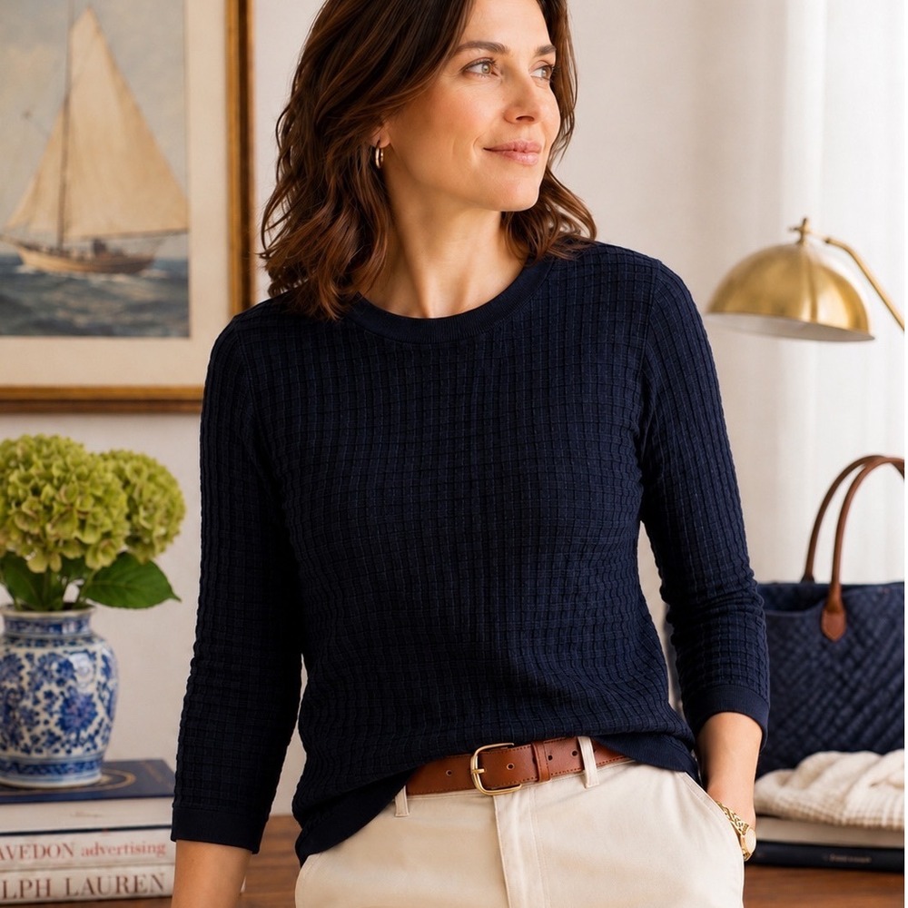 Lands' End Dark Navy Textured Waffle Knit Top Medium Cotton Modal 3/4 Sleeve